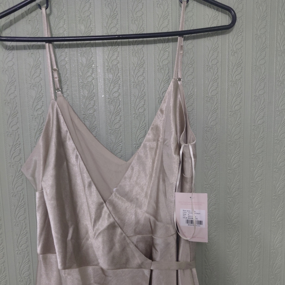 Nwt! BIRDY GREY Cindy Neutral Champagne Brides Maid Wrap Dress Satin Medium - Picture 2 of 8
